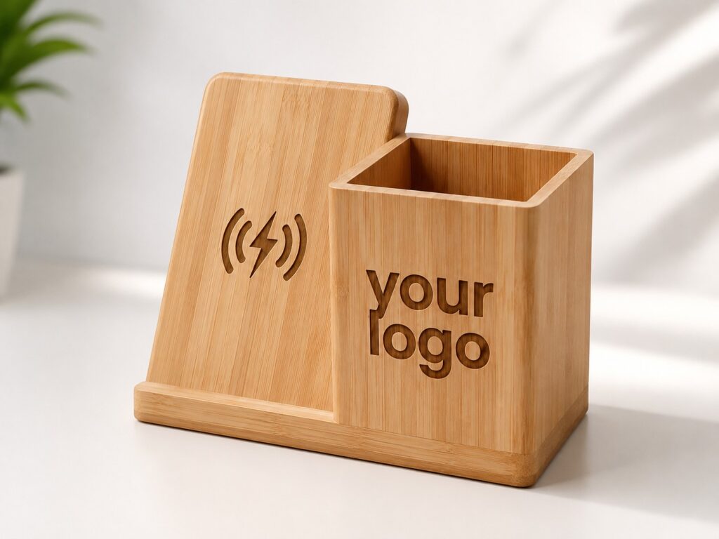 Bamboo Pen Holder with 15W Fast Wireless Charger (Minimum Order Quantity: 100)